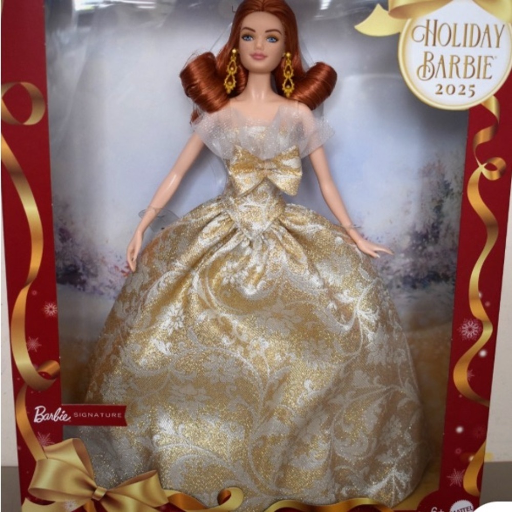 2025 Barbie Holiday Doll in Gold and White Gown Red Head Hair New